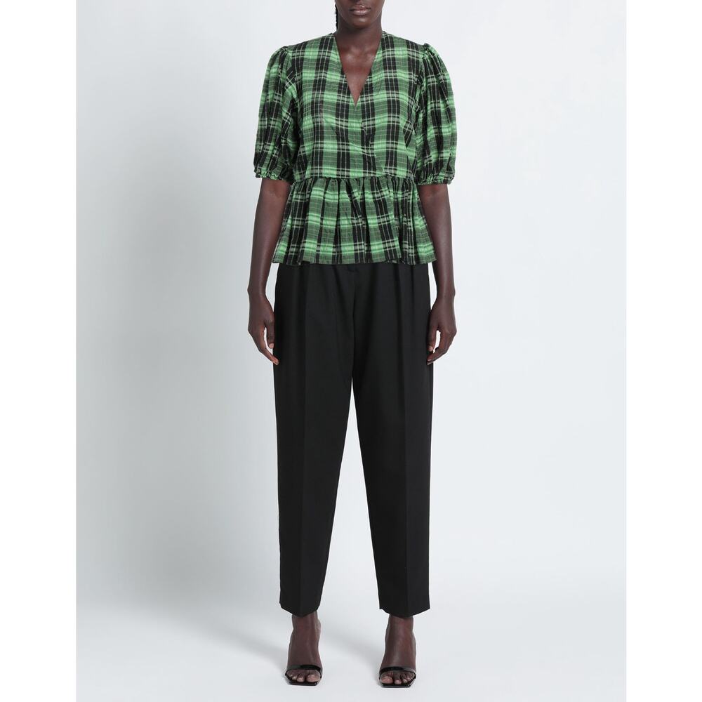 Ganni Balloon Sleeve Green Seersucker Check Wrap Blouse Women's Size XL